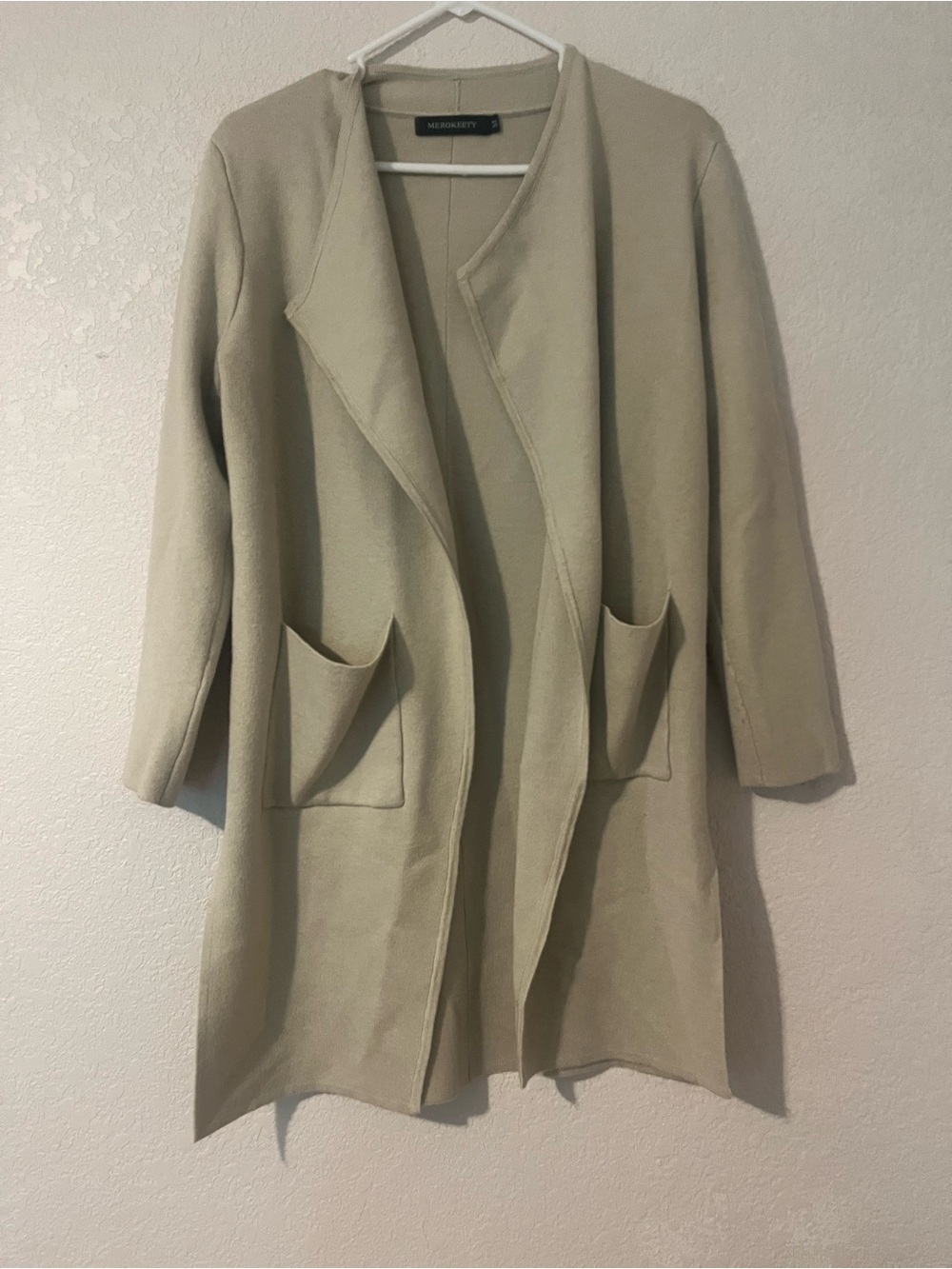 Merokeety Open Front Long Cardigan Jacket in Light Beige